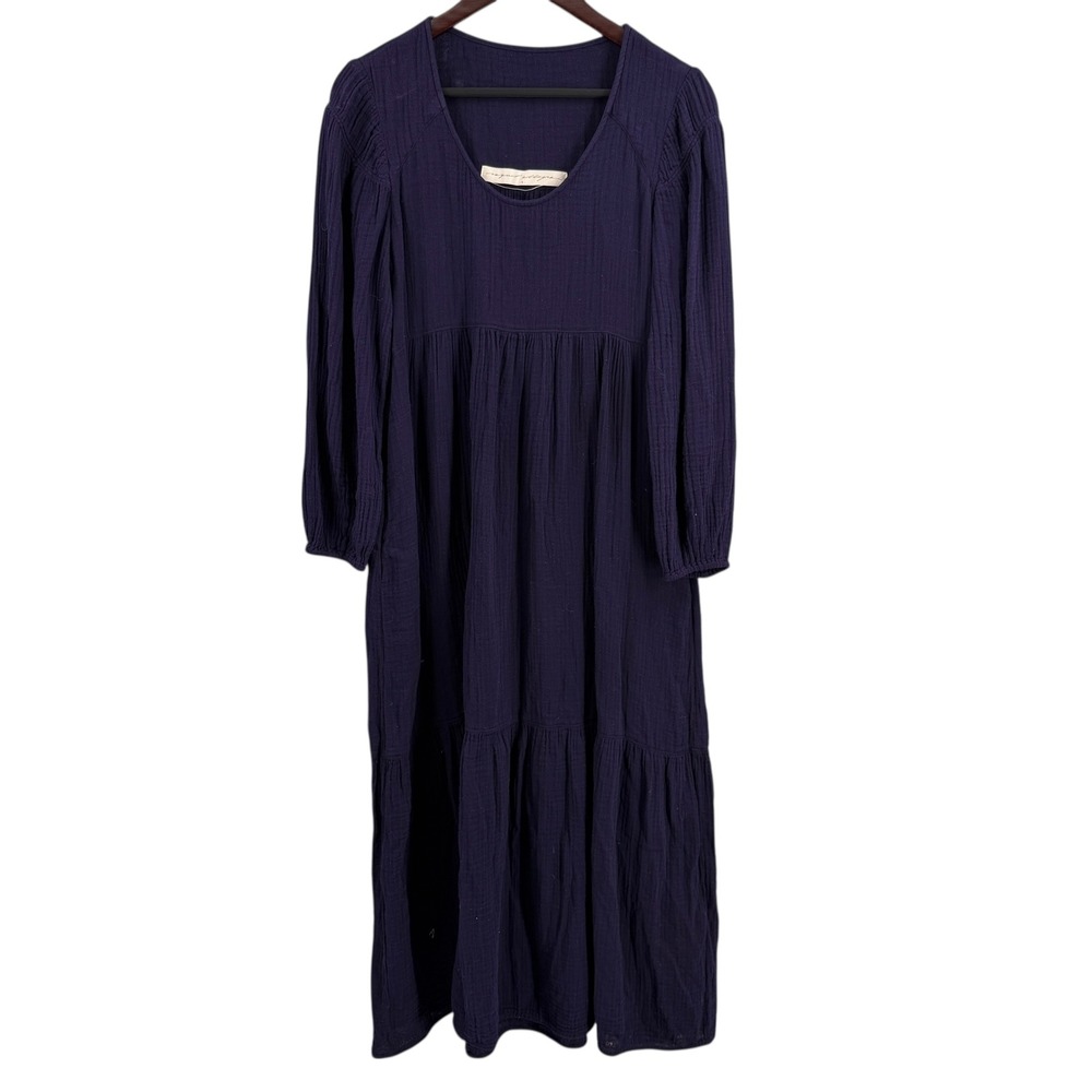 Raquel Allegra Navy Blue Cotton Gauze‎ Midi Dress Size 0 Relaxed Fit Made in USA